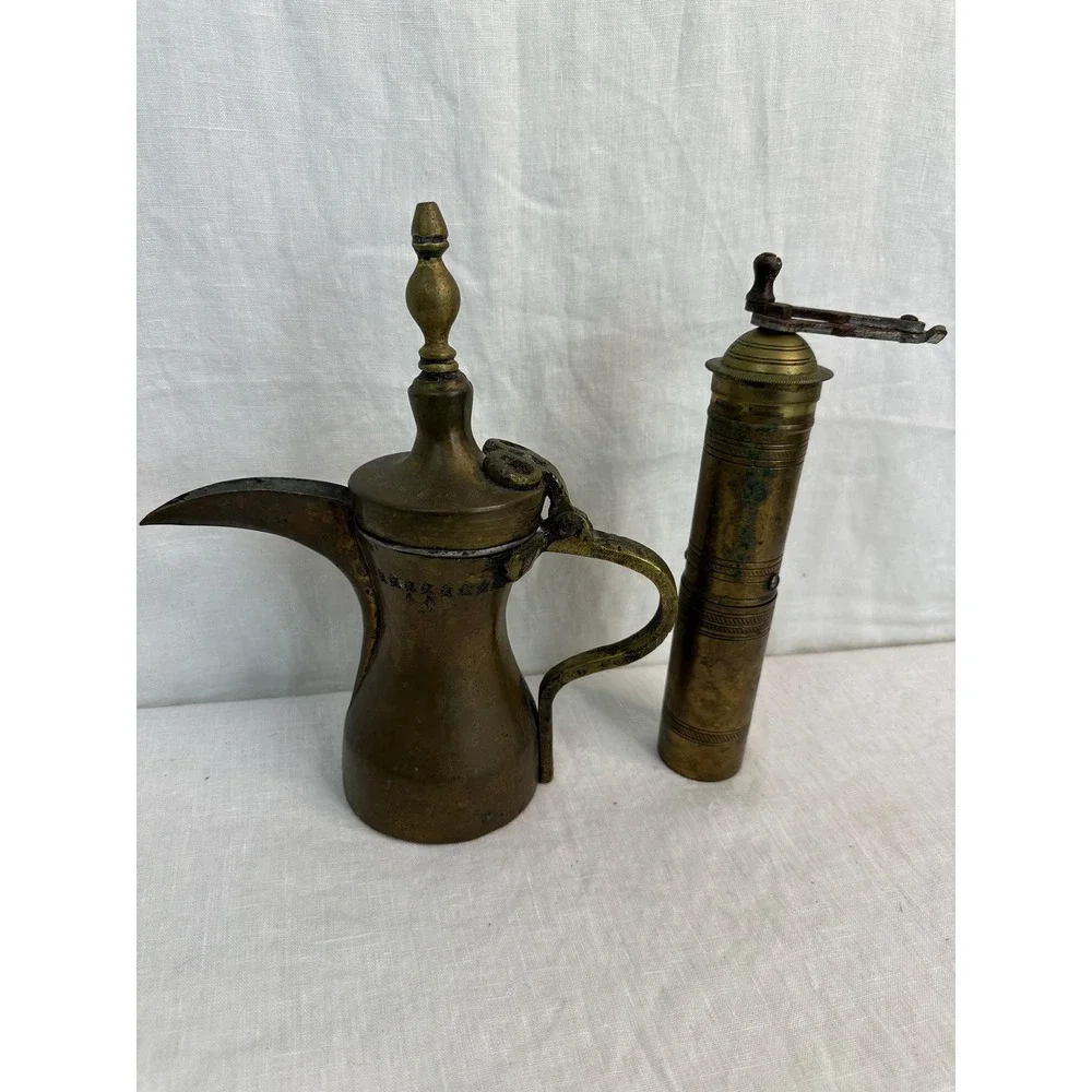 Vintage Islamic Turkish Brass Dallah Coffee Pot and Coffee Grinder Set Gold